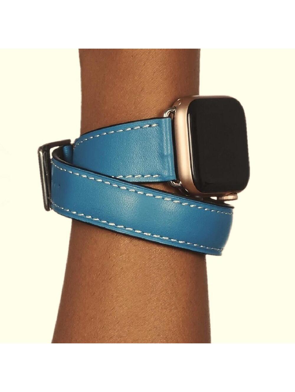 Blue Jean leather double wrap band w silver hardware for Apple Watch NWOT 38/40